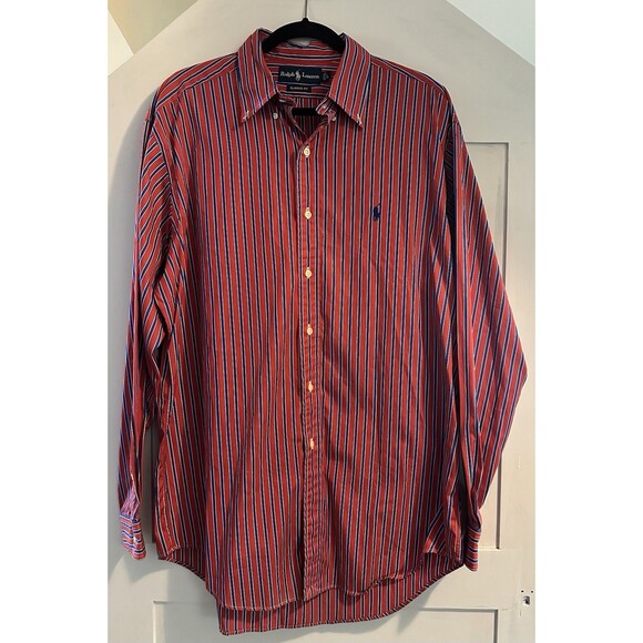 Men’s Ralph Lauren Shirt Red Blue Striped Button Down Classic Fit Size L - Picture 2 of 4
